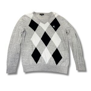 Express Argyle V‑Neck Sweater - Gray, Black and White, L